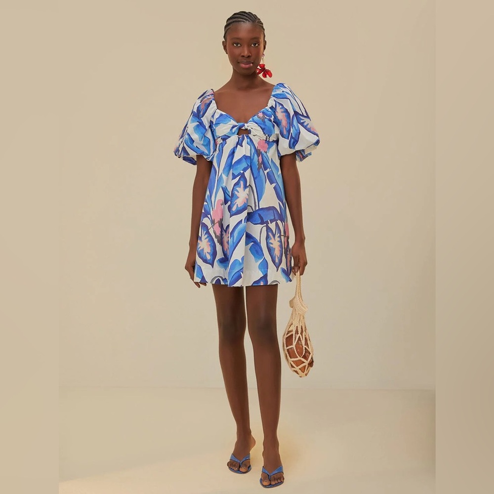 FARM RIO Off-White Blue Foliage Mini Dress